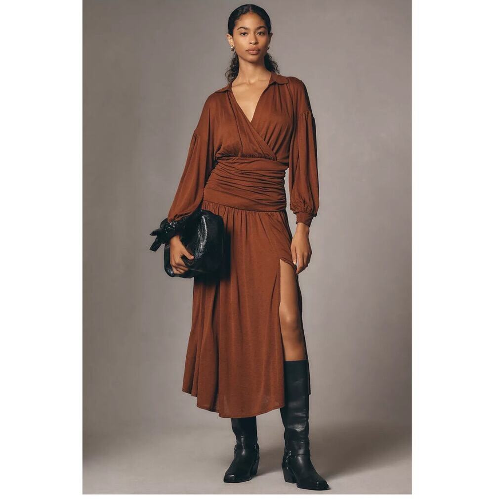 Anthropologie Maeve Ruched Wool Blend Midi Dress Brown Size X Large